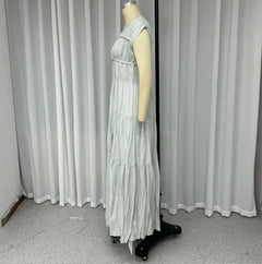 Simple Solid Color Round Neck Pleated Maxi