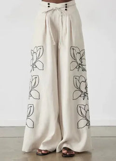 European & American Spring/Summer Cotton-Linen Printed Wide-Leg Pants Suit