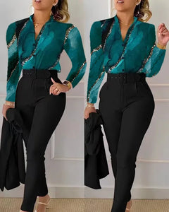 Elegant Women Printed Two Piece Suit Set