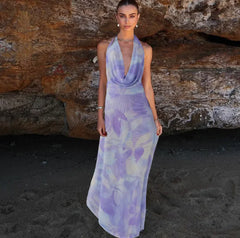 Tie Dye Halter Backless Maxi Dress Set