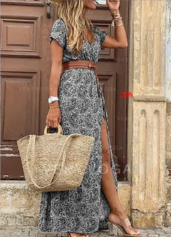 Bohemian-Style Waist-Cinching Printed Maxi Dress