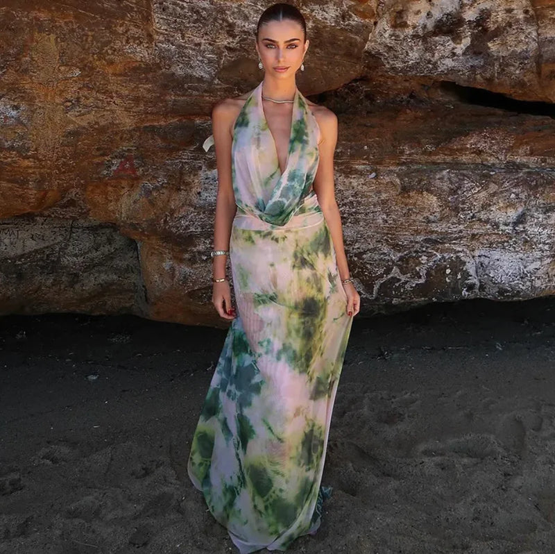 Tie Dye Halter Backless Maxi Dress Set