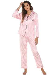 Two Piece Set Pajamas for Women Striped Satin Silk Sleepwear