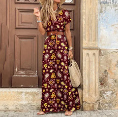 Bohemian-Style Waist-Cinching Printed Maxi Dress