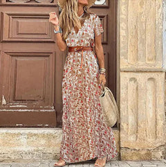 Bohemian-Style Waist-Cinching Printed Maxi Dress