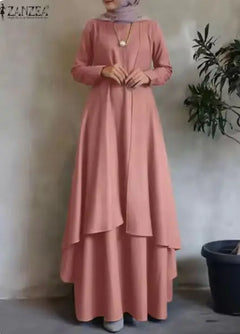 ZANZEA Women's Long Sleeve Abaya Maxi Dress - Casual Loose Fit Kaftan for Eid, Dubai, and Turkey