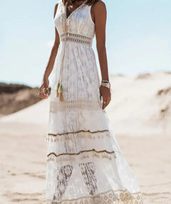 Sleeveless Maxi Dress with Lace Trim and V-Neck