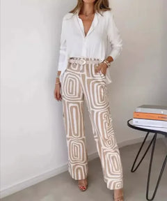 Printed Lapel Shirt & Wide-Leg Pants Set