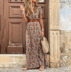 Bohemian-Style Waist-Cinching Printed Maxi Dress