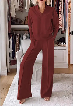 V-neck Long Sleeve Loose Top Wide Leg Pants Two-piece Set