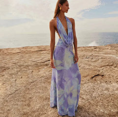 Tie Dye Halter Backless Maxi Dress Set