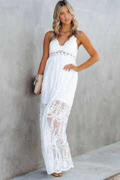 White Lace Crisscross Backless Maxi Dress